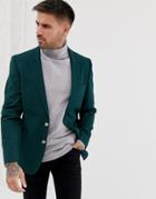 Asos Design Skinny Blazer In Dark Green With Gold Buttons - Green