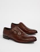 Asos Design Monk Shoes In Brown Leather With Dark Sole - Brown