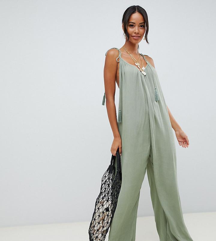 Asos Design Tall Crinkle Low Back Beach Jumpsuit With Tassel Ties In Khaki - Green
