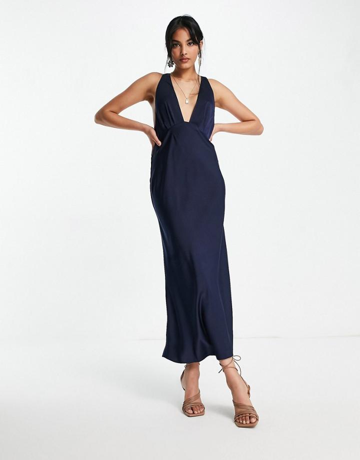 Asos Design Bias Cut Plunge Satin Midi Dress With Racer Back-navy