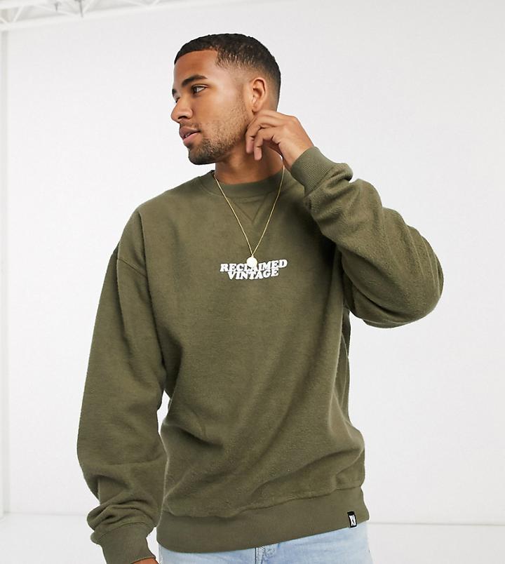 Reclaimed Vintage Inspired Overdyed Brushed Sweatshirt With Logo In Khaki-green