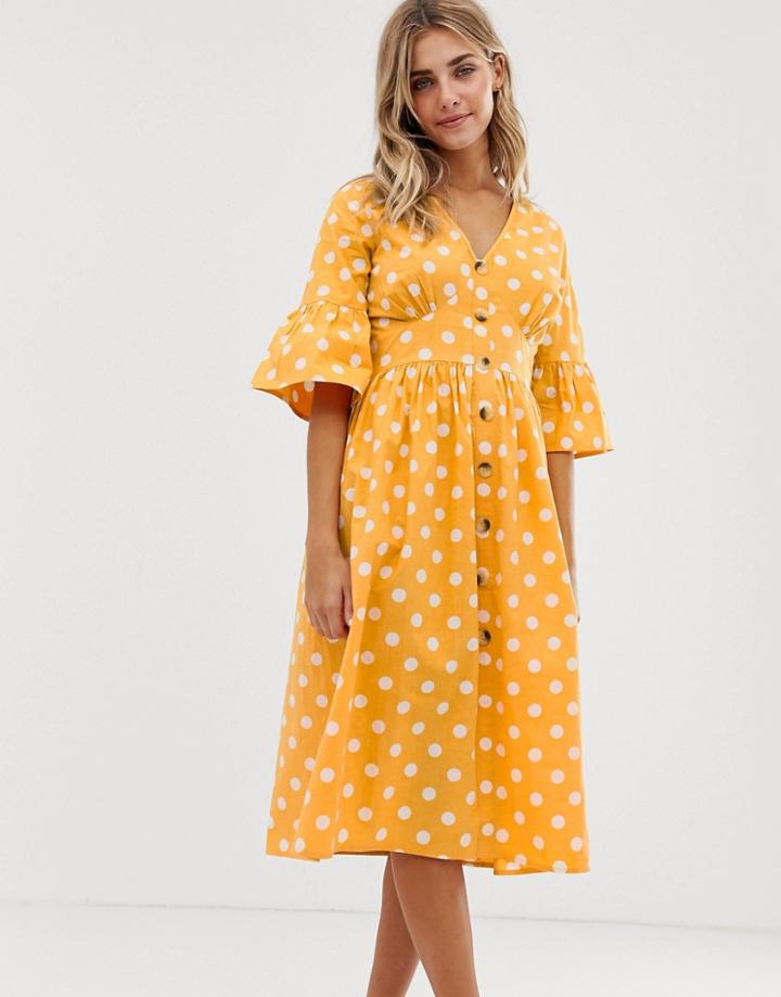 Influence Polka Dot Button Through Midi Dress-yellow