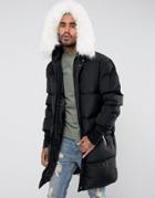 Sixth June Longline Puffer Jacket In Black With Faux Fur Hood - Black