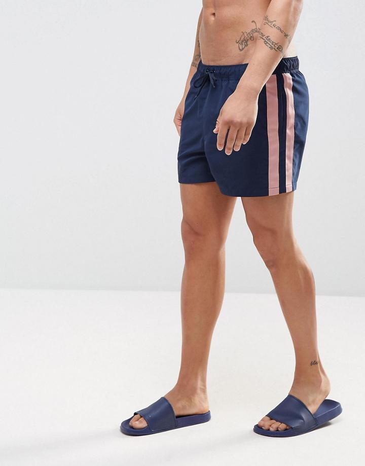 Asos Swim Shorts In Navy With Pink Tape Detail In Short Length - Navy