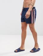 Asos Swim Shorts In Navy With Pink Tape Detail In Short Length - Navy