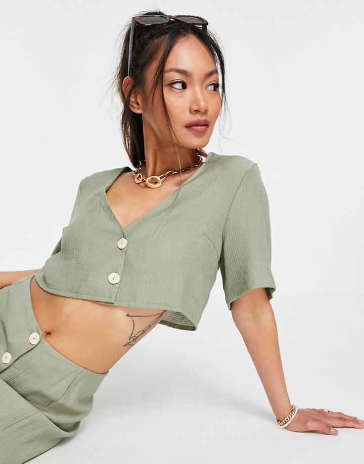 Asos Design Cropped Shirt In Sage - Part Of A Set-green