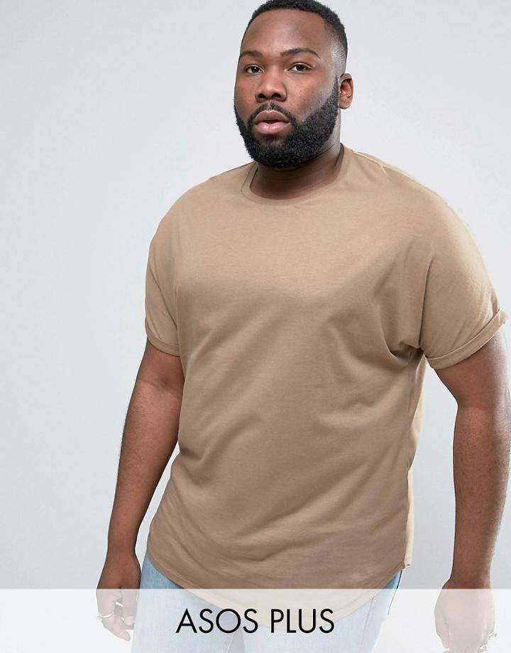 Asos Plus Longline T-shirt In Brown With Roll Sleeve And Curved Hem - Pink
