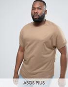 Asos Plus Longline T-shirt In Brown With Roll Sleeve And Curved Hem - Pink