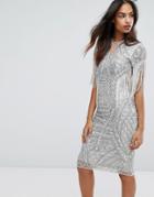 A Star Is Born All Over Embellished Pencil Dress With Fringing - Silver