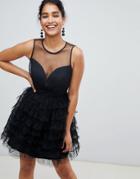Little Mistress Mesh Mini Dress With Ruffled Hem - Black