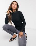 Y.a.s Ribbed Long Sleeve Top With Lace Trim In Black