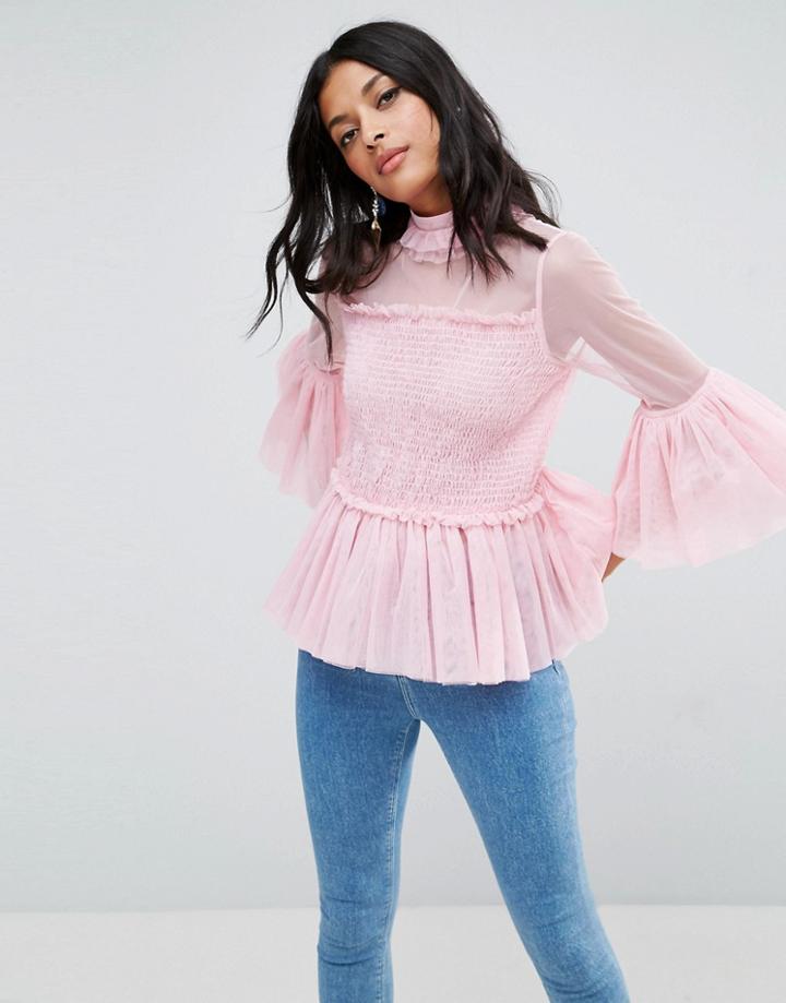 Asos Smock Top With Shirring Detail & High Neck - Pink