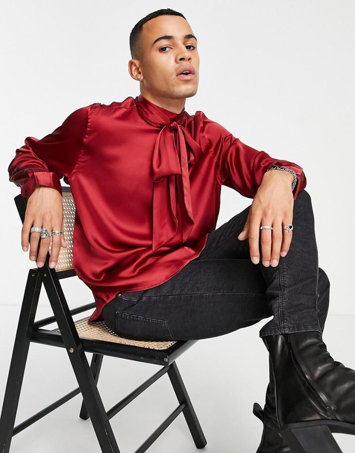 Asos Design Satin Shirt With Pussybow Tie Neck In Recycled Polyester In Deep Red - Red