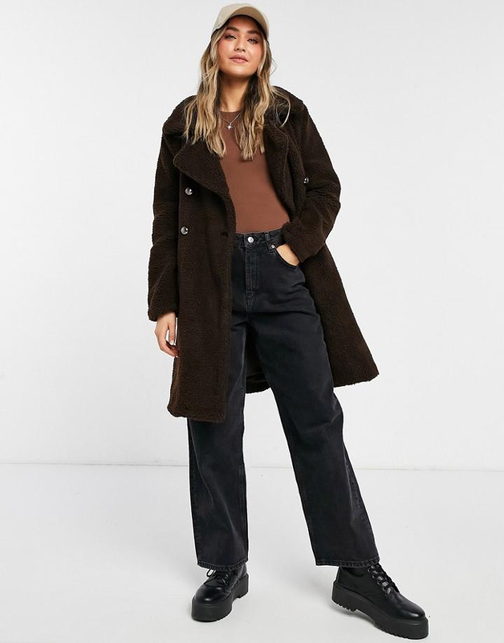 Qed London Borg Double Breasted Coat In Chocolate-brown