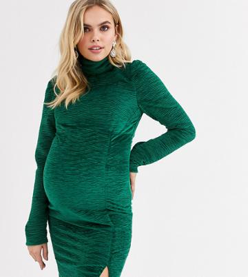 Fashion Union Maternity High Neck Velvet Bodycon In Green Velvet