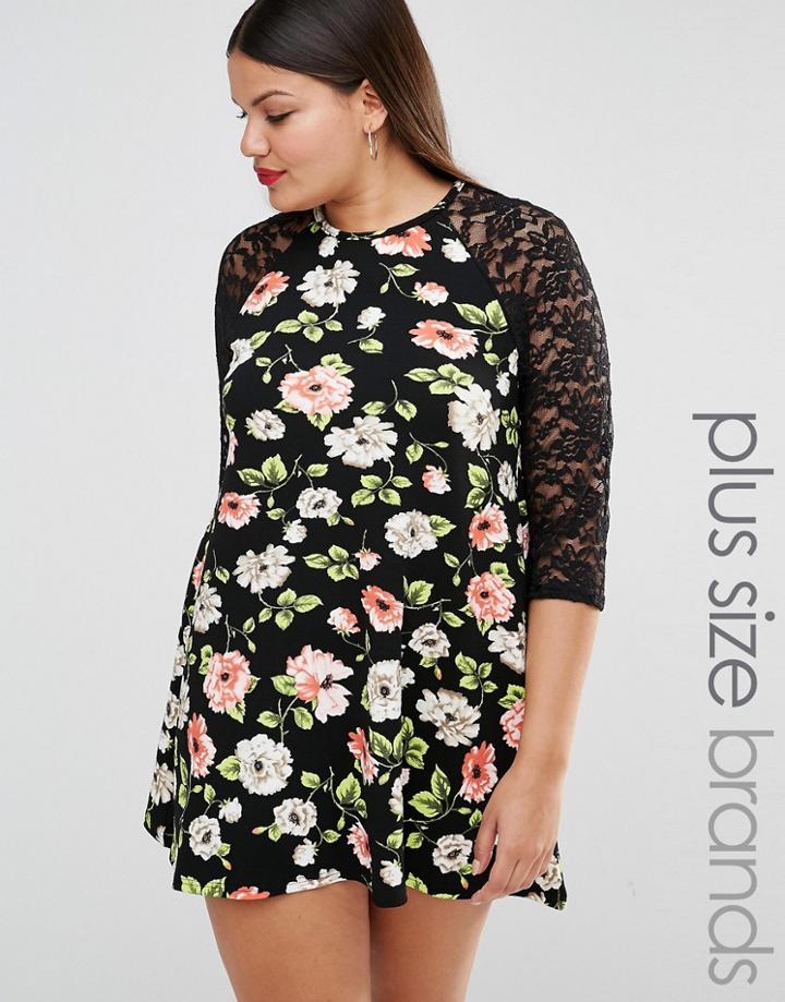 Club L Plus Swing Dress In Floral Print With Crochet Sleeves - Black