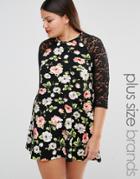 Club L Plus Swing Dress In Floral Print With Crochet Sleeves - Black