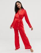 Asos Design Satin Wrap Pyjama Pants Set - Red