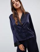 Asos Design Double Breasted Contrast Satin Pyjama Shirt - Navy