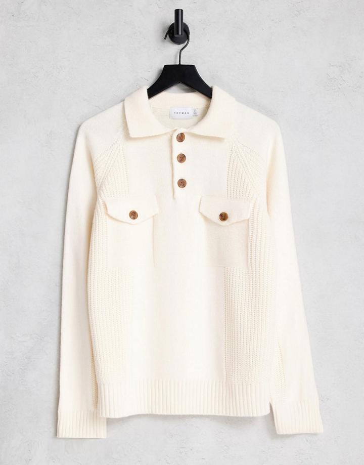 Topman Long Sleeve Knit Polo With Double Pocket In Ecru-white