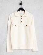 Topman Long Sleeve Knit Polo With Double Pocket In Ecru-white