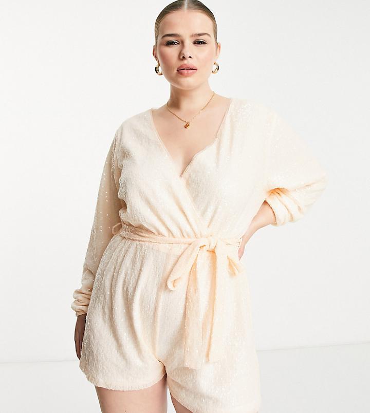 In The Style Plus Exclusive Sequin Wrap Detail Belted Romper In Ecru-white
