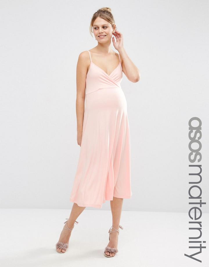 Asos Maternity Midi Skater Dress With Strappy Back And Wrap Front - Pink