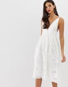 Asos Design Prom Midi Dress With Plunge Neck In Corded Lace - White