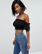 Asos Crop Top With Off Shoulder Ruffle Sleeve - Black