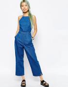 Asos Denim Wide Leg Halterneck Jumpsuit - Blue