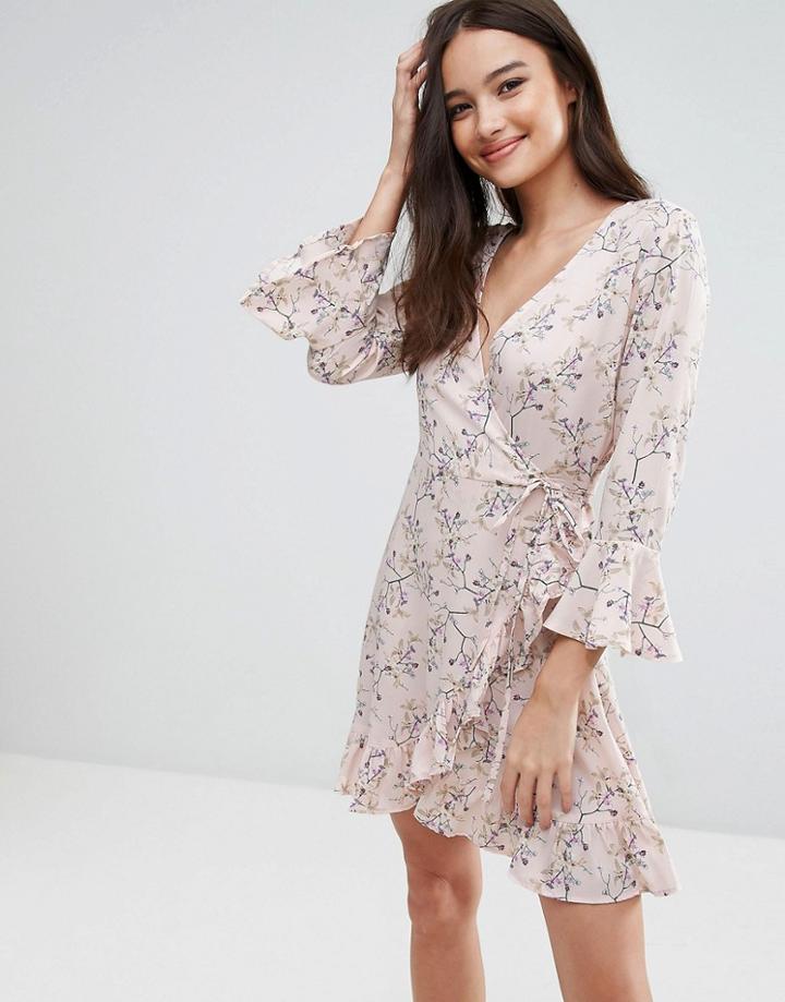 Influence Wrap Over Ruffle Dress - Pink