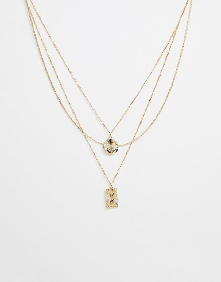 Asos Design Multirow Necklace With Vintage Style Engraved Pendants In Gold - Gold