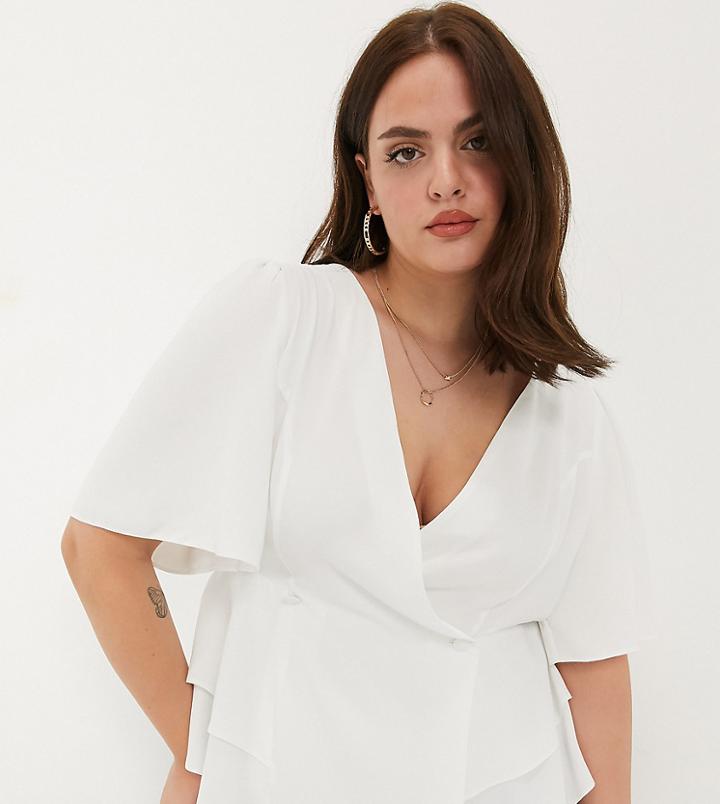 Asos Design Curve Tux Top With Angel Sleeve And Button Detail In Ivory-white