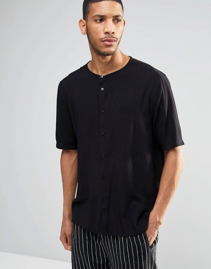 Asos Collarless Shirt In Black With Half Sleeve In Regular Fit - Black