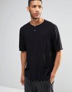 Asos Collarless Shirt In Black With Half Sleeve In Regular Fit - Black