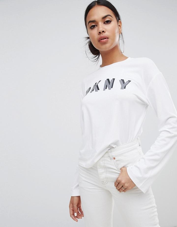Dkny Boxy Fit Long Sleeve Reflective Logo T Shirt - White