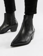 Asos Design Stacked Heel Western Chelsea Boots In Black Leather With Lightning Detail