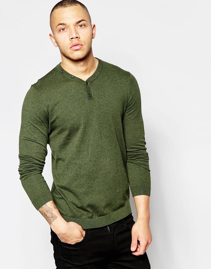 Asos Cotton Sweater With Henley Neck In Khaki - Khaki