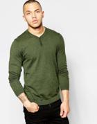 Asos Cotton Sweater With Henley Neck In Khaki - Khaki