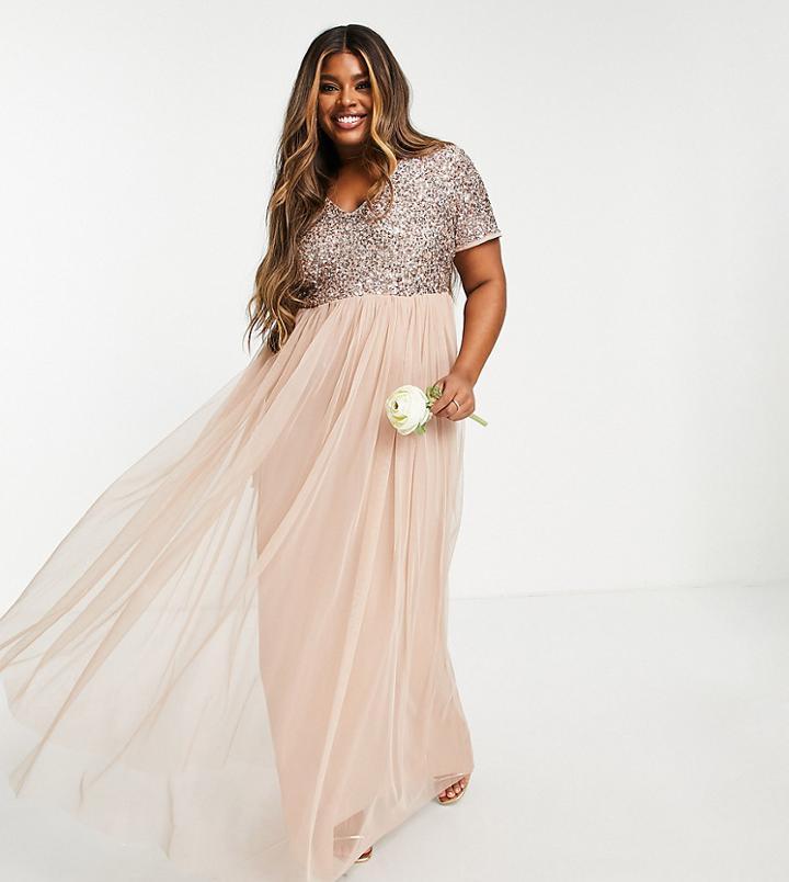 Maya Plus Bridesmaid Short Sleeve Maxi Tulle Dress With Tonal Delicate Sequins In Muted Blush-neutral