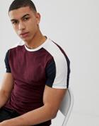 New Look Muscle Fit T-shirt With Color Block Sleeve In Burgundy-red