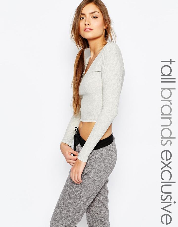 One Day Tall Long Sleeve Rib V Neck Crop Top - Gray Marl