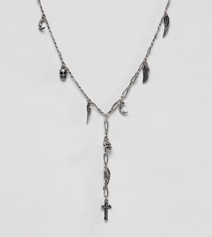 Reclaimed Vintage Lariat Necklace With Cross And Feather Pendants - Silver