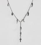 Reclaimed Vintage Lariat Necklace With Cross And Feather Pendants - Silver