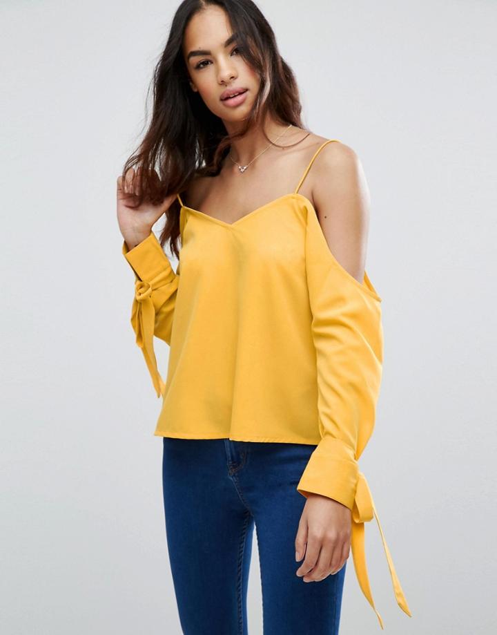 Asos Cold Shoulder Top With Cuff And Tie - Yellow