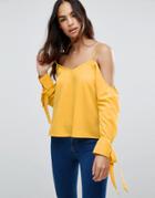 Asos Cold Shoulder Top With Cuff And Tie - Yellow