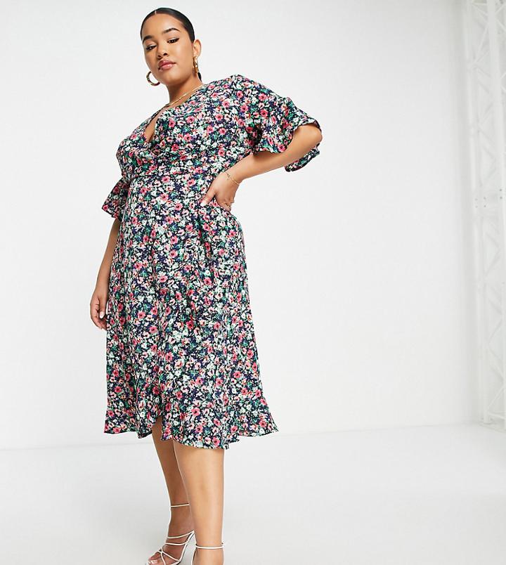Ax Paris Plus Wrap Midi Flutter Sleeve Dress In Dark Floral-black