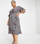 Ax Paris Plus Wrap Midi Flutter Sleeve Dress In Dark Floral-black