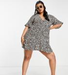 Influence Plus V Neck Beach Dress In Leopard Print-brown