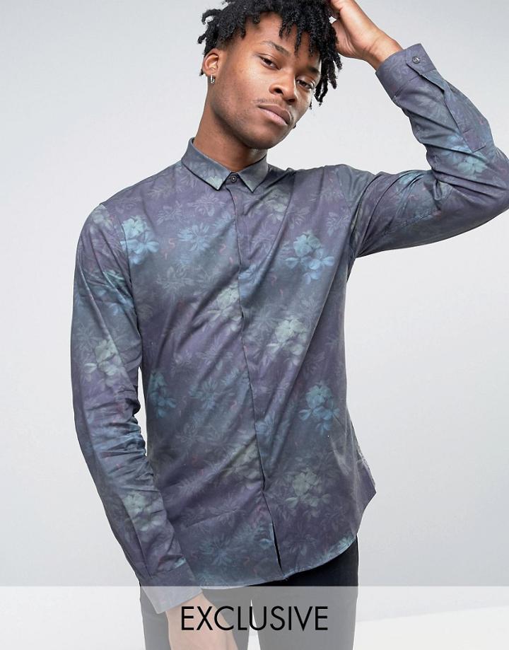 Noak Skinny Smart Shirt In Floral Print - Navy